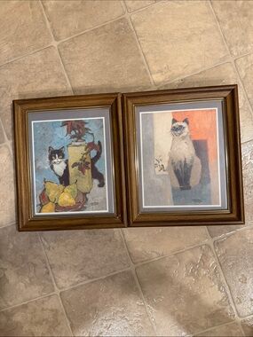 Pair of Framed Cat Art Prints in Brown Wood Frames - Blue, Cream, Yellow